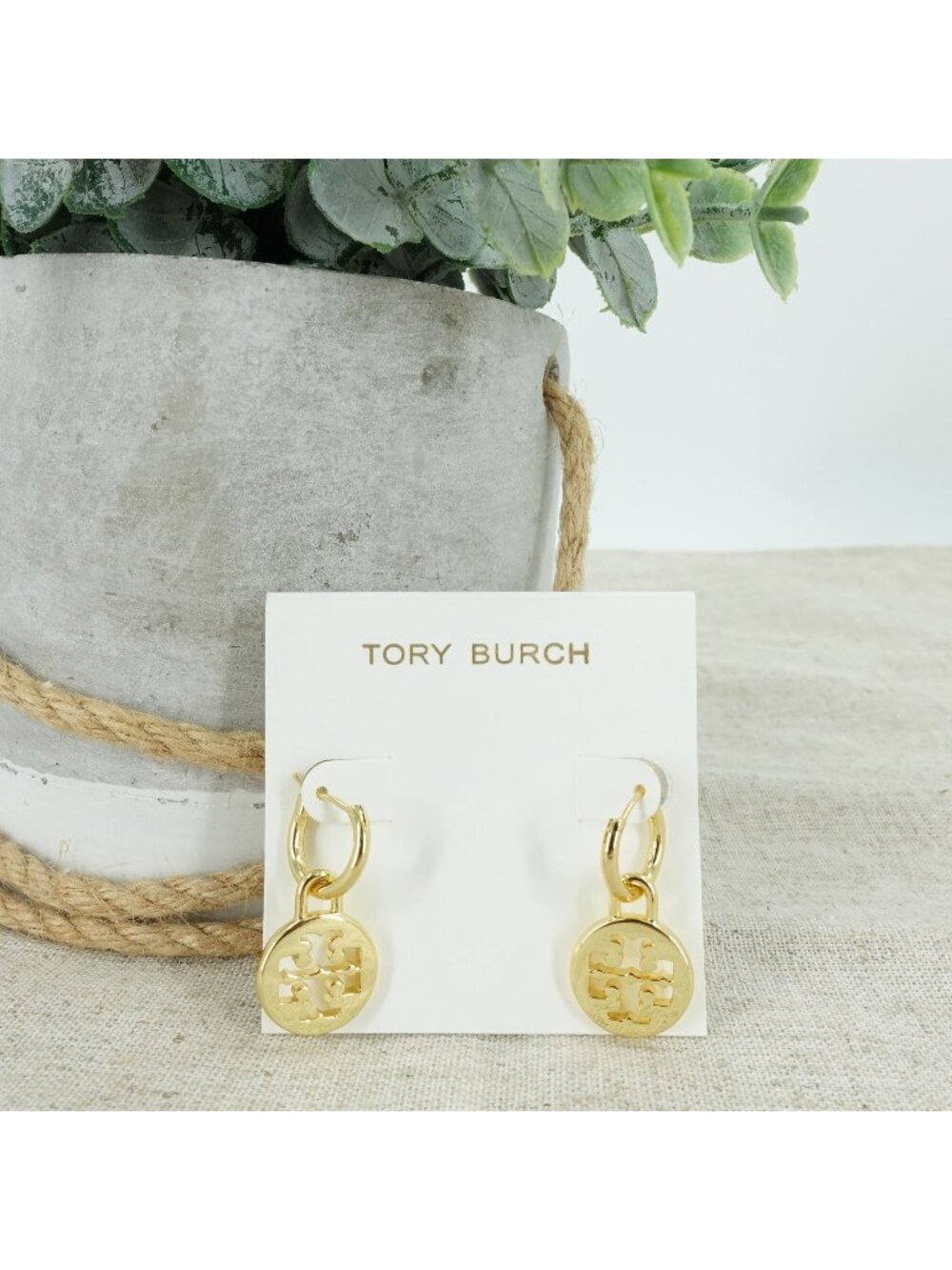 Tory Burch Double T Logo Drop Dangle Hoop Earrings Gold OS